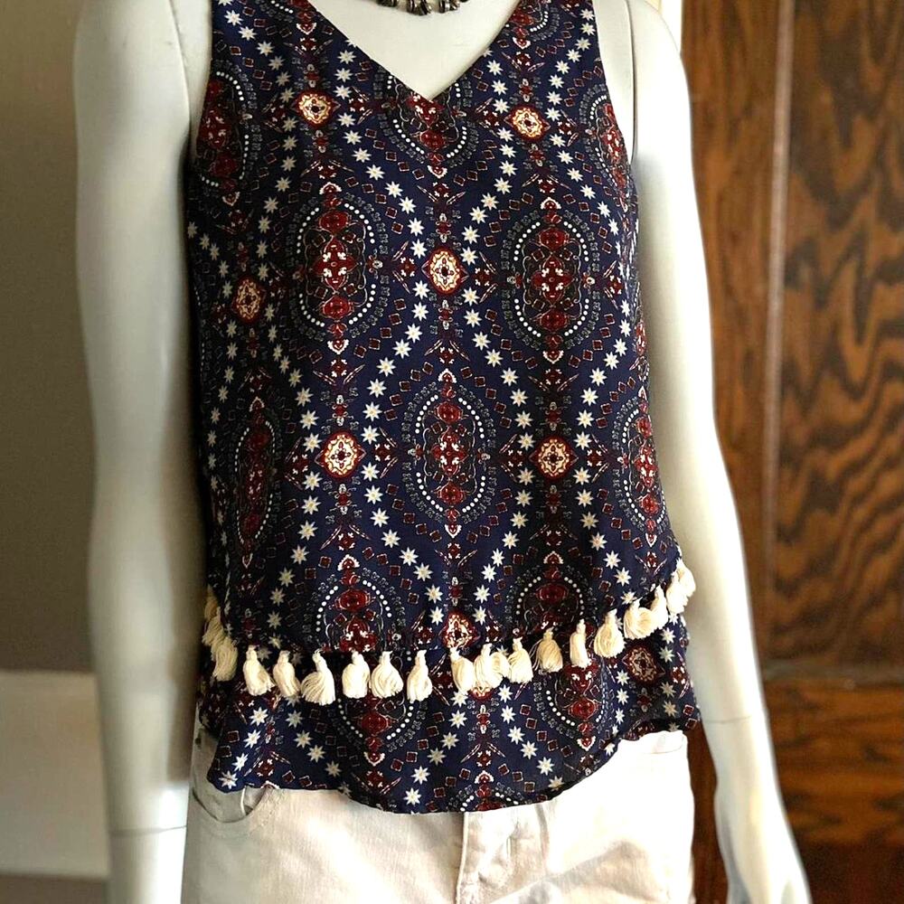 ALYA Navy Blue Floral Layered V-Neck Top w/Tassels sz X-Small - Picture 1 of 8